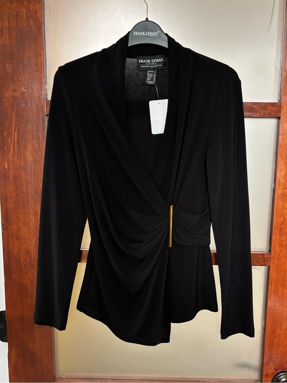 Frank Lyman Design Black Draped Blouse with Gold Accent